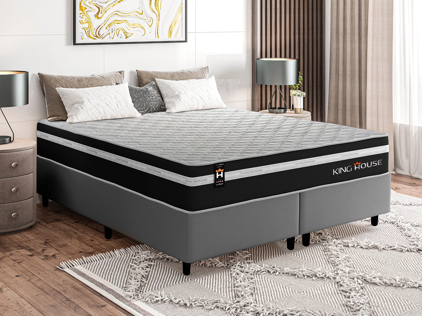 Conjunto Cama Box King Molas Ensacadas Durham Preto 193x203cm - Colchão + Base - Recife PE